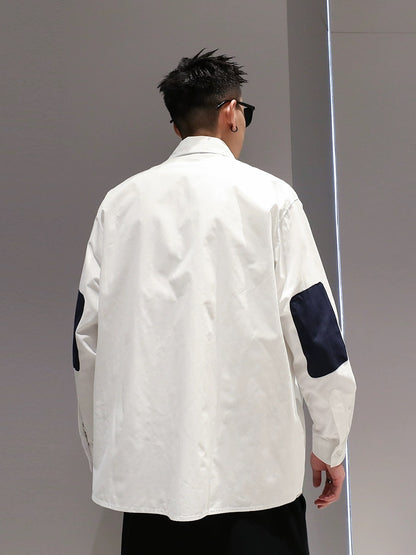 Skilled embroidery pure cotton color-blocked long-sleeved shirt spring and autumn men's Japanese casual all-match loose and handsome lapel shirt