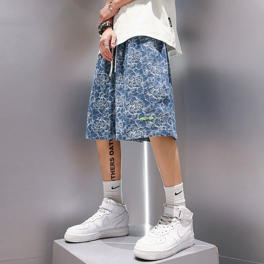 Youshu denim shorts men's 2022 summer new American high street loose personality trendy straight casual pants