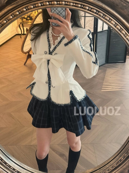 LUOLUOZ【Heartwarming Encounter】Elegant Bow-Tie Lace Top + Skirt Pants Two-Piece Set jF991