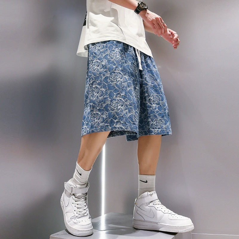 Youshu denim shorts men's 2022 summer new American high street loose personality trendy straight casual pants
