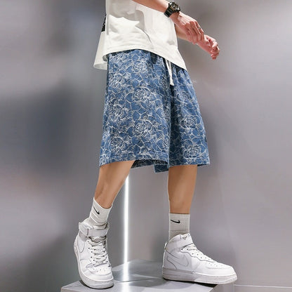 Youshu denim shorts men's 2022 summer new American high street loose personality trendy straight casual pants