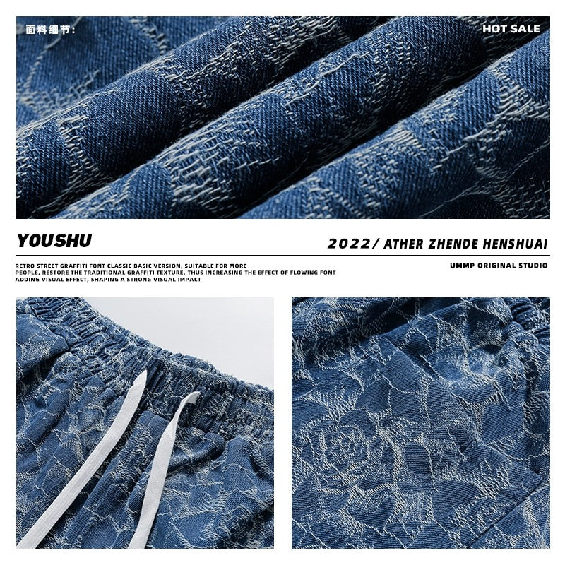 Youshu denim shorts men's 2022 summer new American high street loose personality trendy straight casual pants