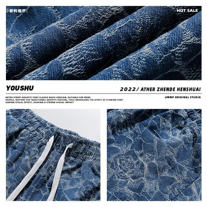 Youshu denim shorts men's 2022 summer new American high street loose personality trendy straight casual pants
