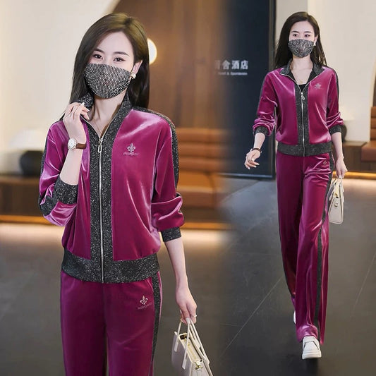 Spring new style gold velvet two-piece sports and casual stand-up collar cardigan jacket straight-leg pants suit for women