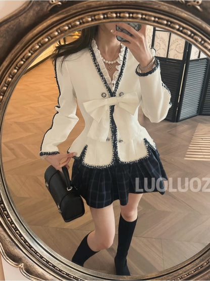 LUOLUOZ【Heartwarming Encounter】Elegant Bow-Tie Lace Top + Skirt Pants Two-Piece Set jF991