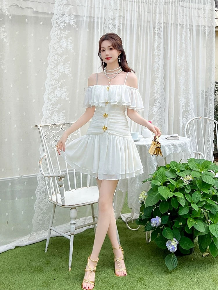 Skirt 2025 new summer fairy high-end temperament first love white chiffon sling one-shoulder dress female