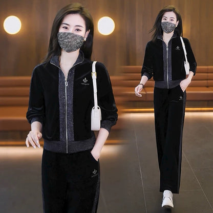 Spring new style gold velvet two-piece sports and casual stand-up collar cardigan jacket straight-leg pants suit for women