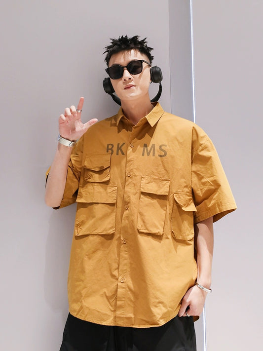 Youshu multi-pocket solid color simple lapel short-sleeved shirt summer men's Hong Kong style fashion casual loose work shirt