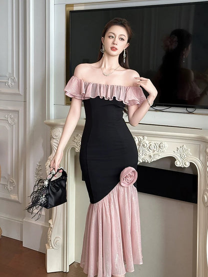 European style one shoulder dress for women in summer light luxury high-end flower temperament slim fit hip fishtail skirt