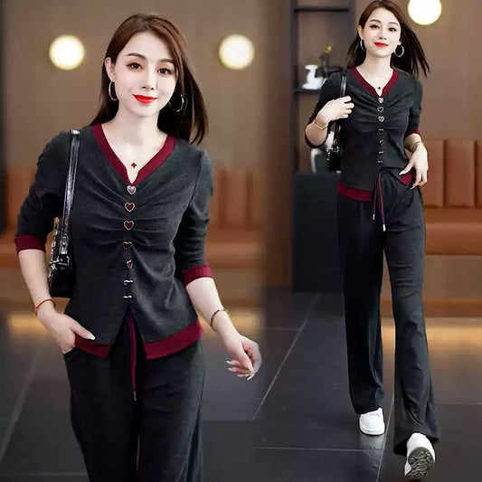 Fashionable casual sports suit for women in autumn new fashionable age-reducing and slimming fake two-piece V-neck long-sleeved trousers two-piece set