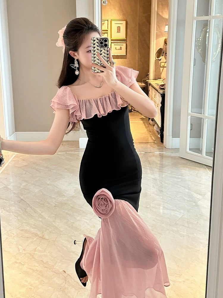 European style one shoulder dress for women in summer light luxury high-end flower temperament slim fit hip fishtail skirt