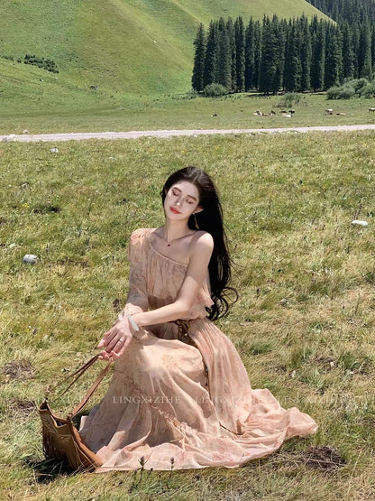 Ling Qian Zi He "Peninsula Peach Mist" – Women's Early Autumn French-Style Off-Shoulder Chiffon Maxi Dress with Textured Print