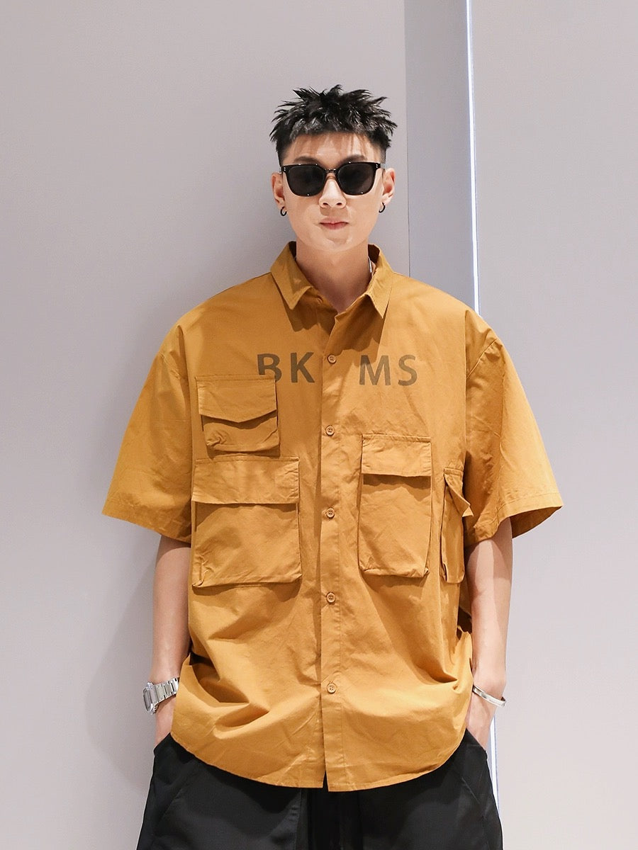 Youshu multi-pocket solid color simple lapel short-sleeved shirt summer men's Hong Kong style fashion casual loose work shirt