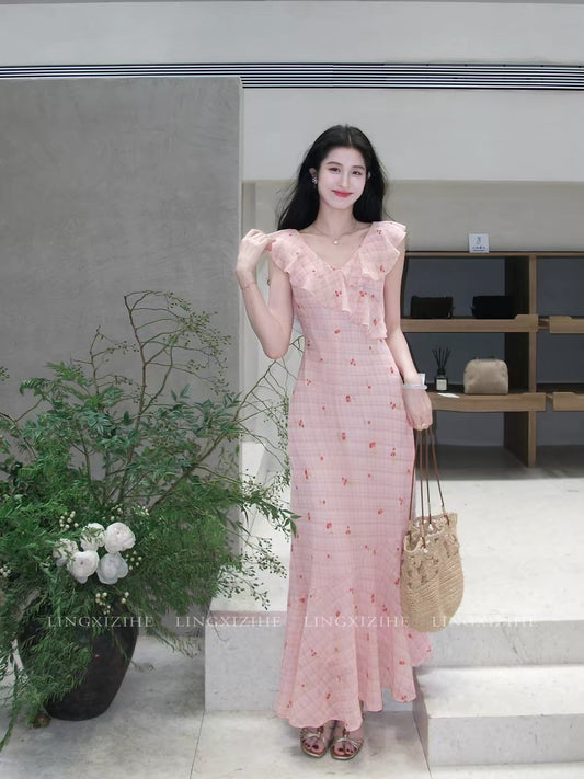 Ling Qian Zi He "Cloud Cherry Dew" – Women's French-style floral cherry print dress; a summer maxi dress featuring ruffles, a fitted waist, and a fishtail hem.