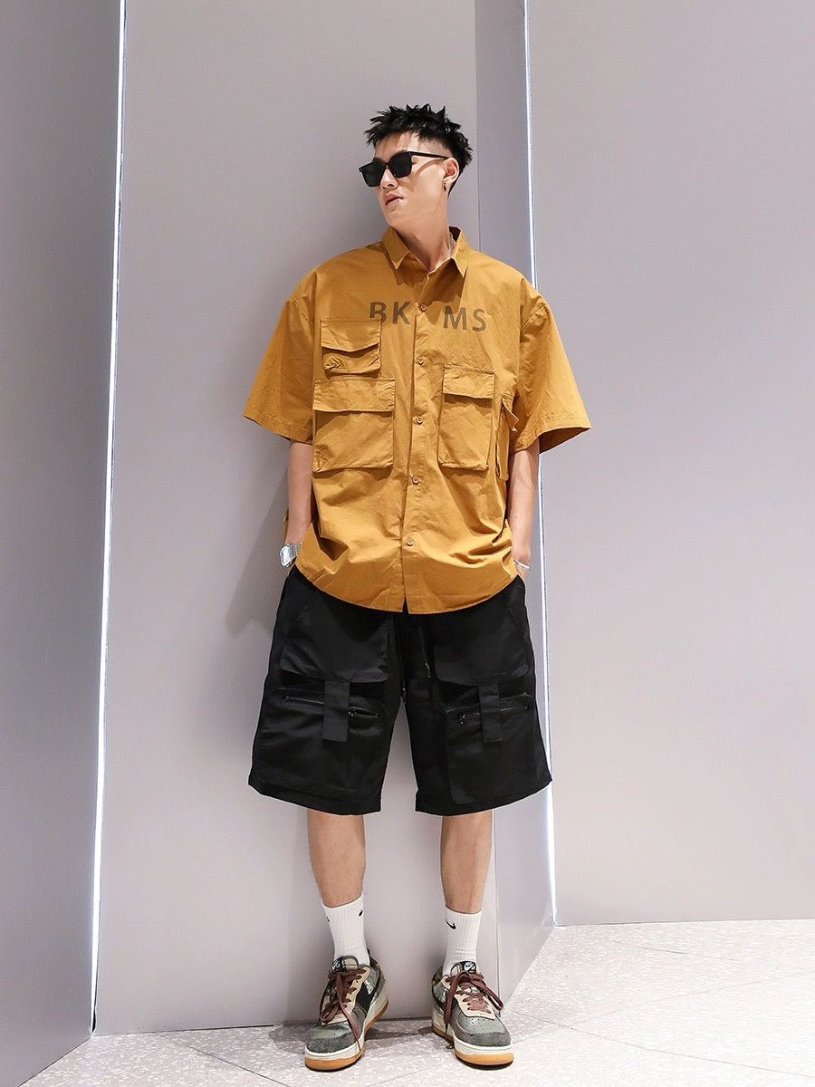 Youshu multi-pocket solid color simple lapel short-sleeved shirt summer men's Hong Kong style fashion casual loose work shirt