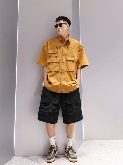 Youshu multi-pocket solid color simple lapel short-sleeved shirt summer men's Hong Kong style fashion casual loose work shirt