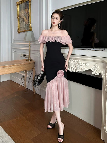 European style one shoulder dress for women in summer light luxury high-end flower temperament slim fit hip fishtail skirt