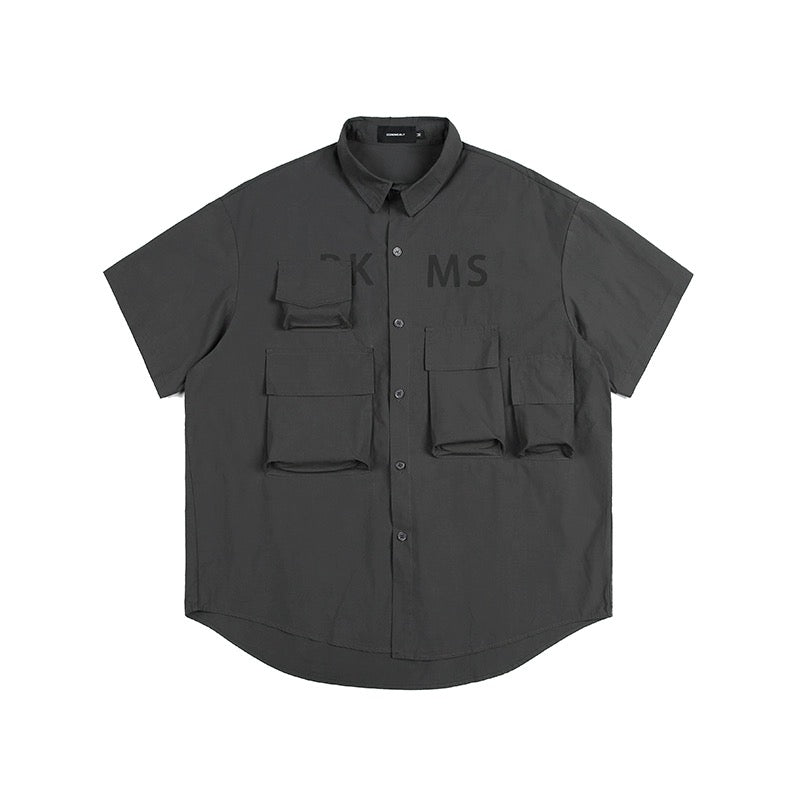 Youshu multi-pocket solid color simple lapel short-sleeved shirt summer men's Hong Kong style fashion casual loose work shirt