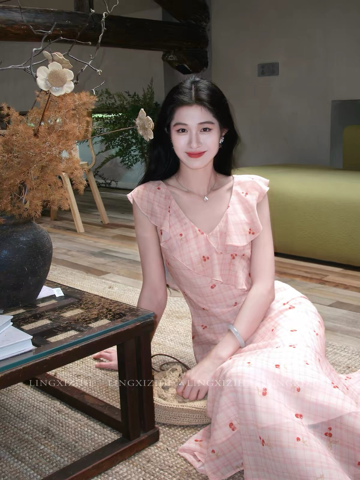 Ling Qian Zi He "Cloud Cherry Dew" – Women's French-style floral cherry print dress; a summer maxi dress featuring ruffles, a fitted waist, and a fishtail hem.