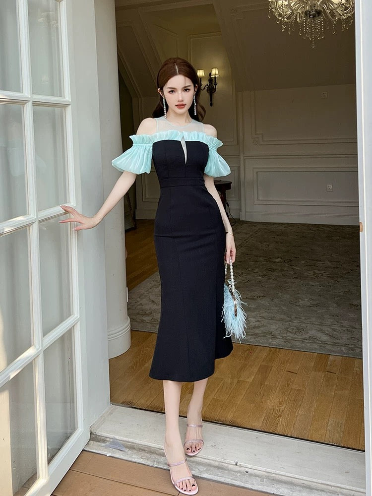 French pure one-shoulder dress female 2025 summer temperament puff sleeve black waist medium-length fishtail skirt