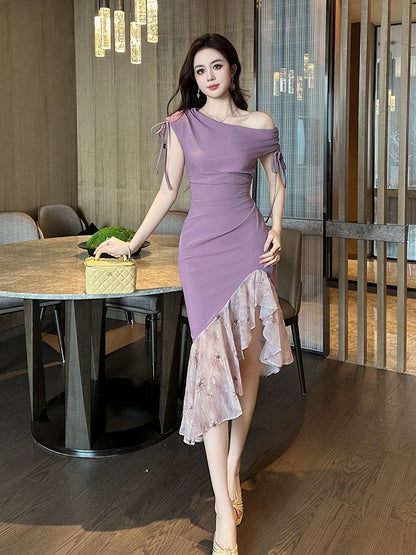 Purple one-shoulder dress for women 2025 new summer sexy irregular fishtail skirt niche design dress