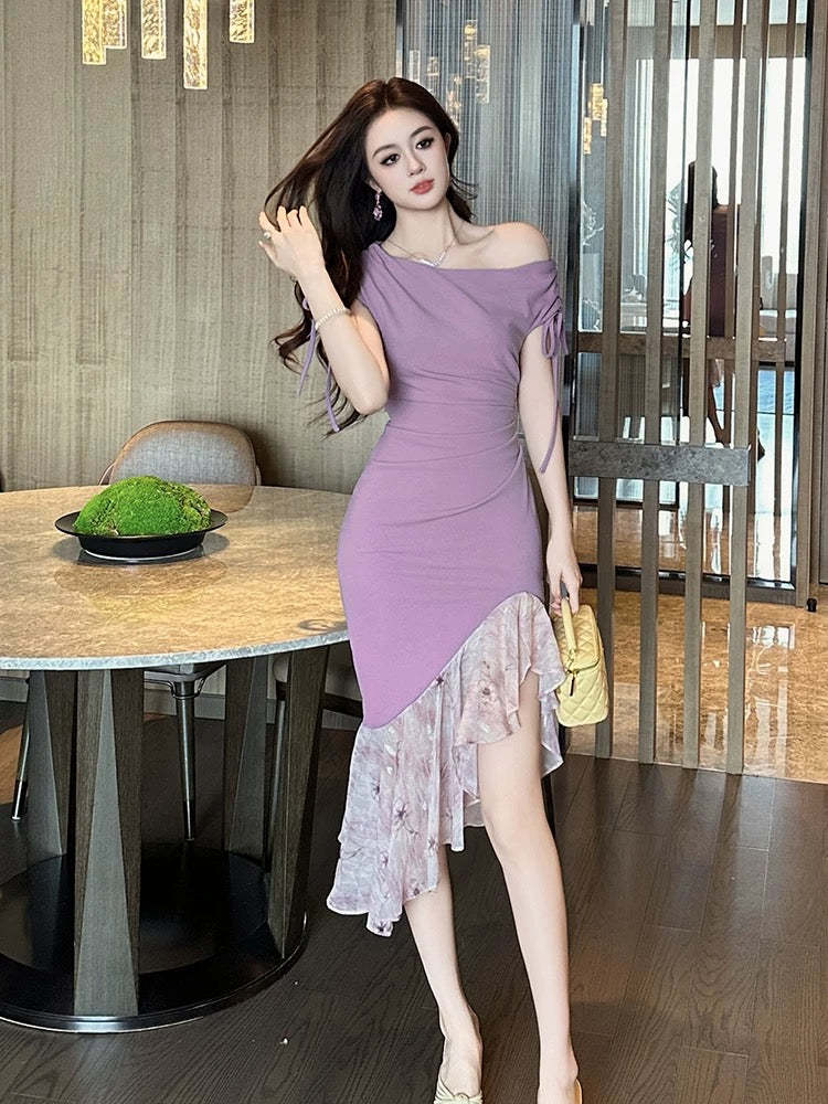 Purple one-shoulder dress for women 2025 new summer sexy irregular fishtail skirt niche design dress