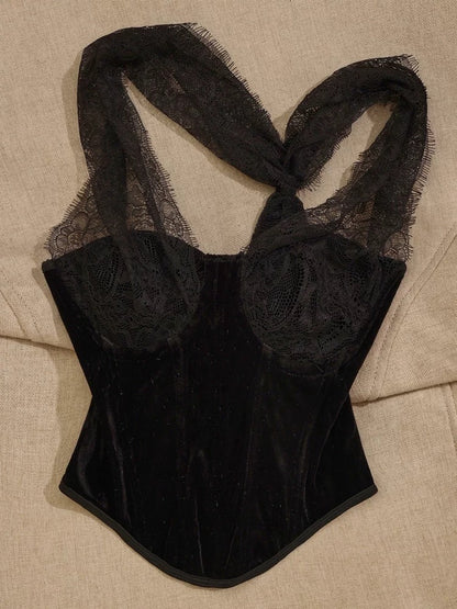 New European and American style velvet niche hottie low-cut lace splicing sexy waist-slimming irregular vest for women