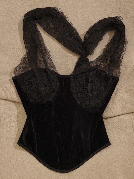 New European and American style velvet niche hottie low-cut lace splicing sexy waist-slimming irregular vest for women