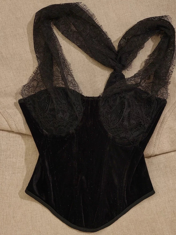New European and American style velvet niche hottie low-cut lace splicing sexy waist-slimming irregular vest for women
