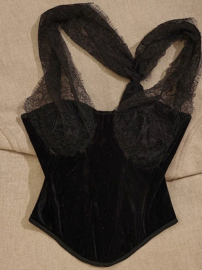New European and American style velvet niche hottie low-cut lace splicing sexy waist-slimming irregular vest for women