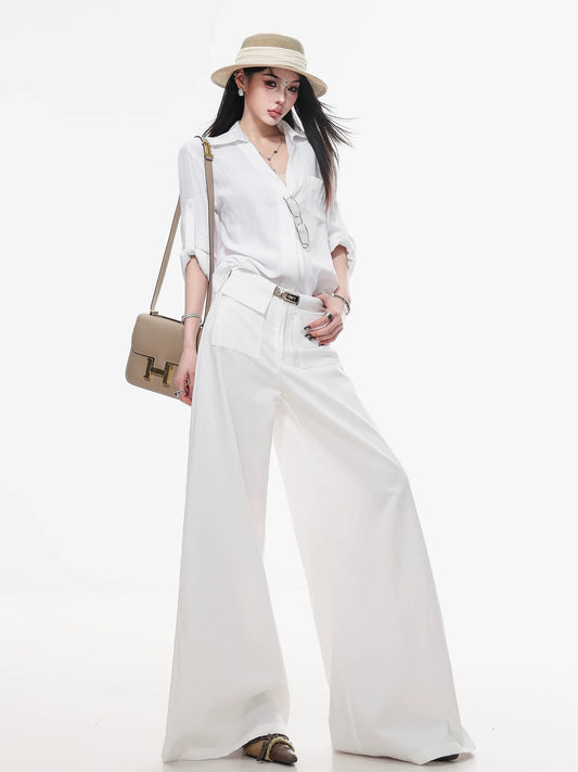 ABWLR Fashion Editor - Original White Simple Wide-Leg Casual Pants, Flowy, Loose, Slimming, Floor-Length Pants