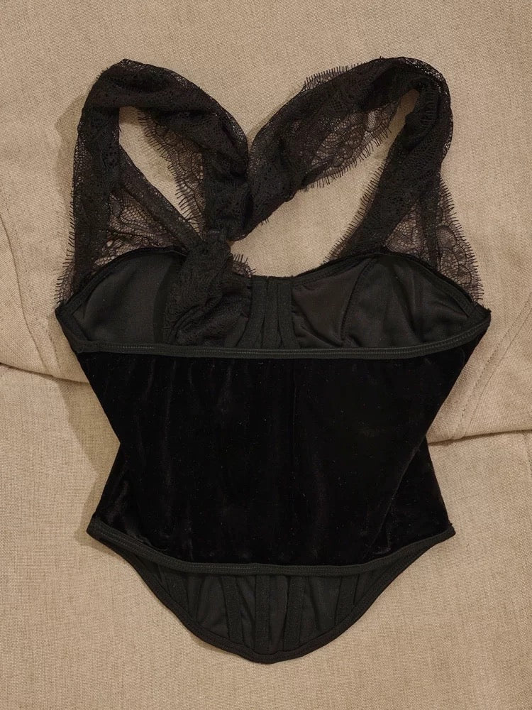 New European and American style velvet niche hottie low-cut lace splicing sexy waist-slimming irregular vest for women