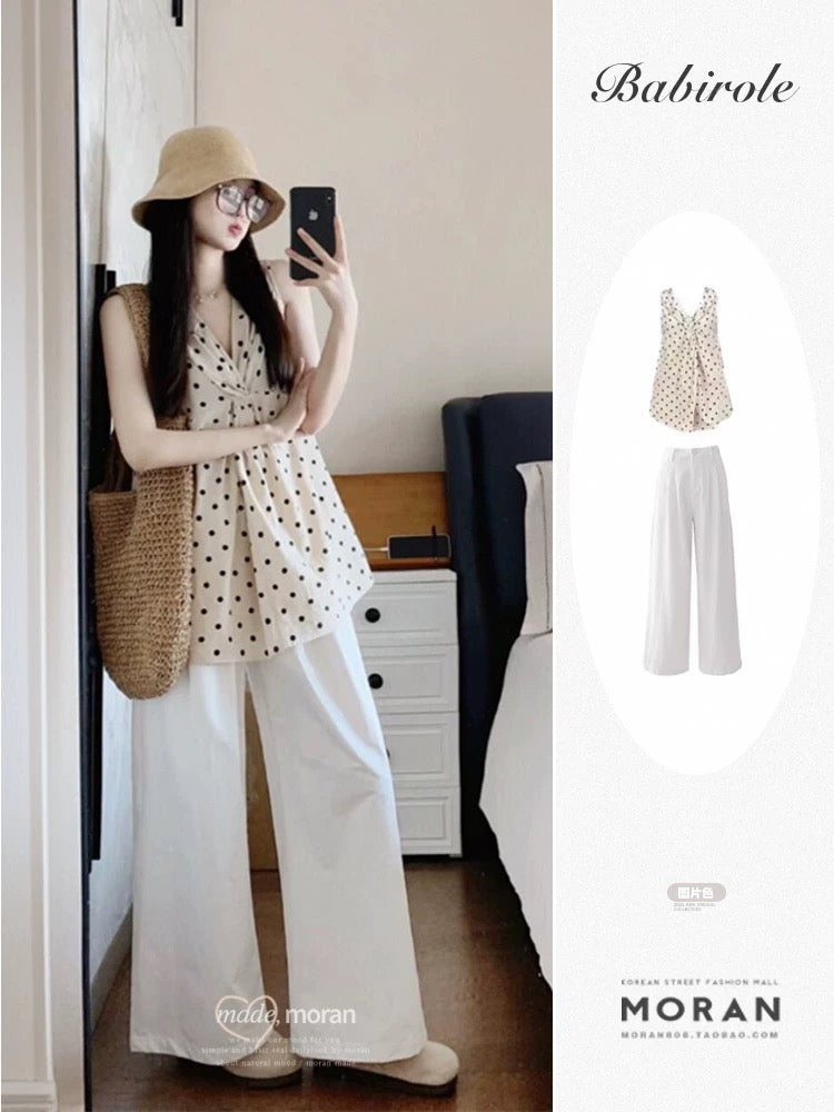 Salt style fried street design niche polka dot V-neck top sleeveless camisole casual trousers two-piece suit for women summer