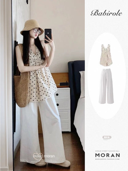 Salt style fried street design niche polka dot V-neck top sleeveless camisole casual trousers two-piece suit for women summer