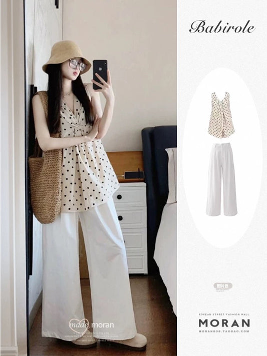 Salt style fried street design niche polka dot V-neck top sleeveless camisole casual trousers two-piece suit for women summer