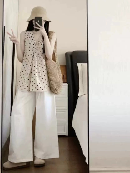 Salt style fried street design niche polka dot V-neck top sleeveless camisole casual trousers two-piece suit for women summer