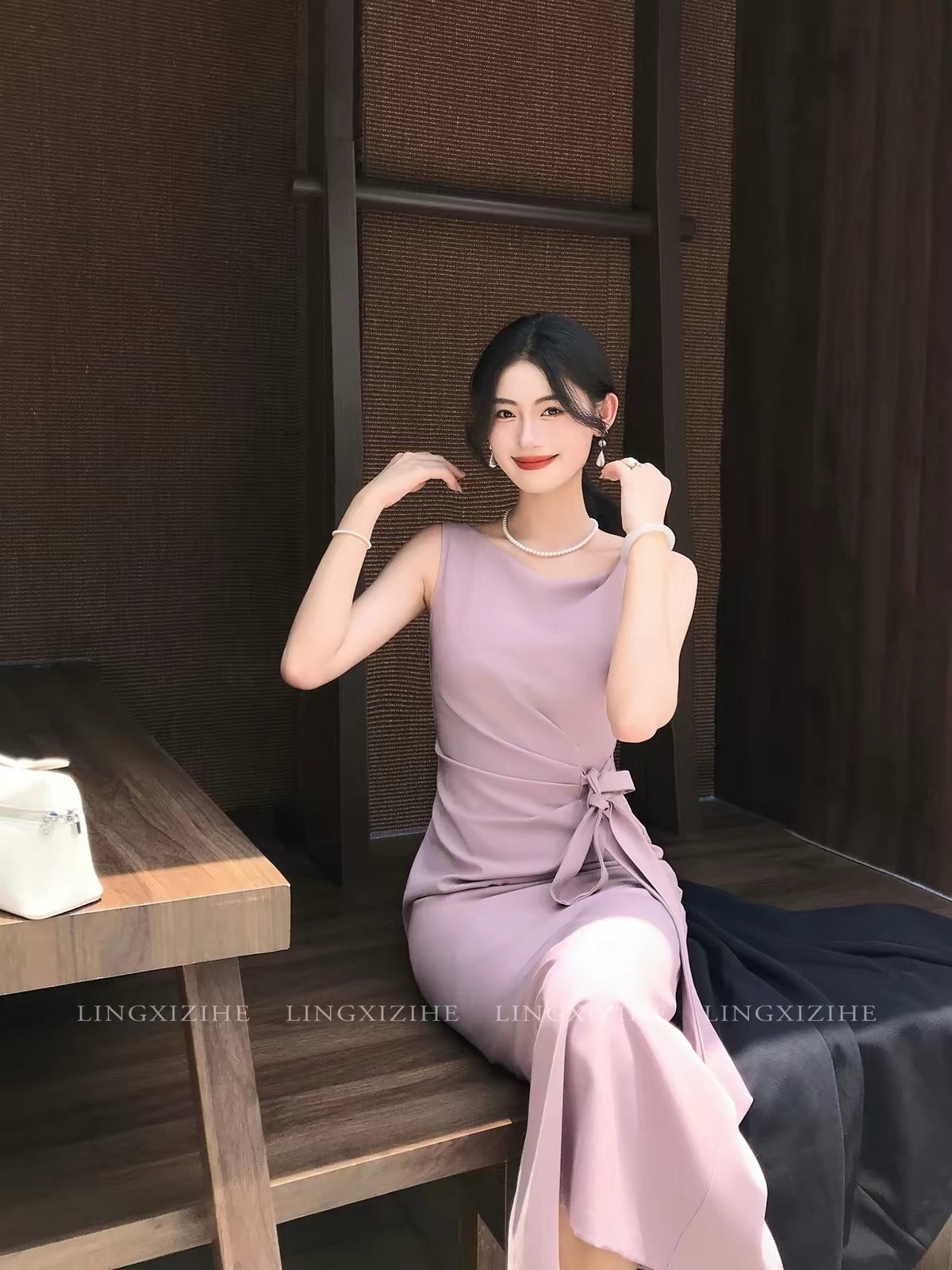 Ling Qian Zi He / Yu Zi Ting Rou — Women's French-style purple camisole dress; a sophisticated, slim-fit maxi dress with a tie-waist detail, perfect for summer.
