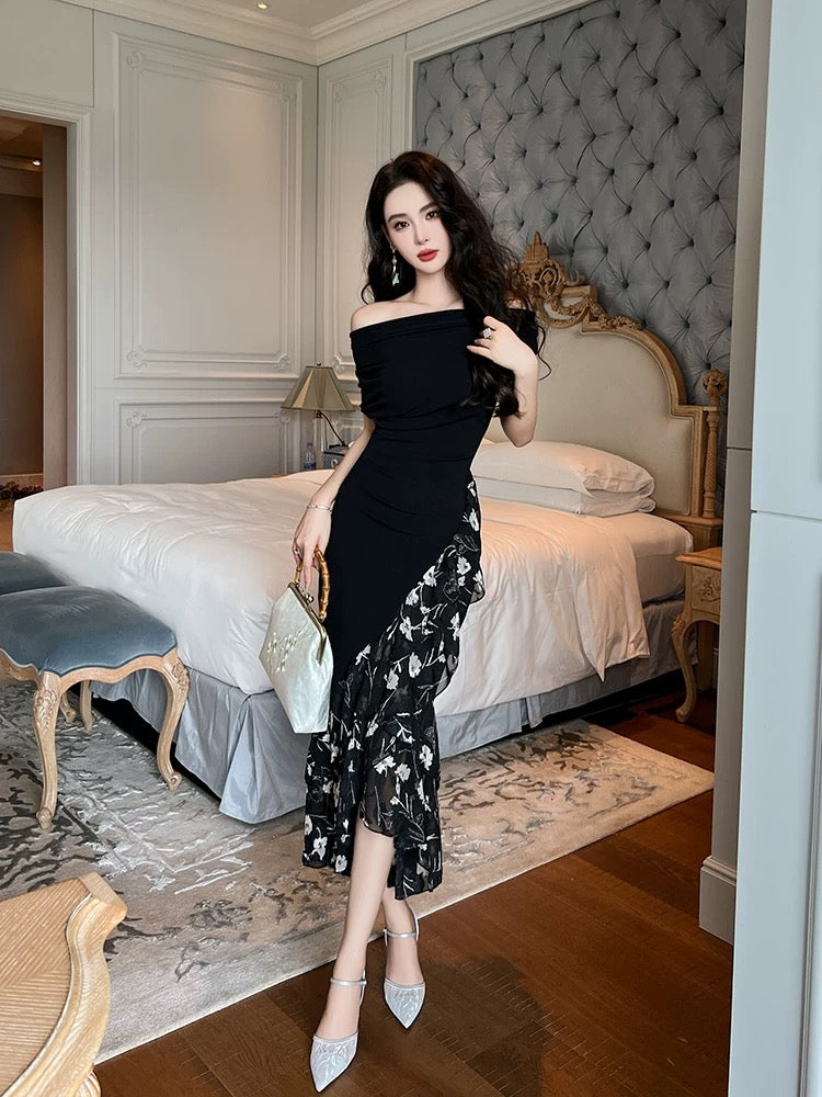 European station 2025 new high-end exquisite one-shoulder black dress slim royal sister floral splicing fishtail skirt