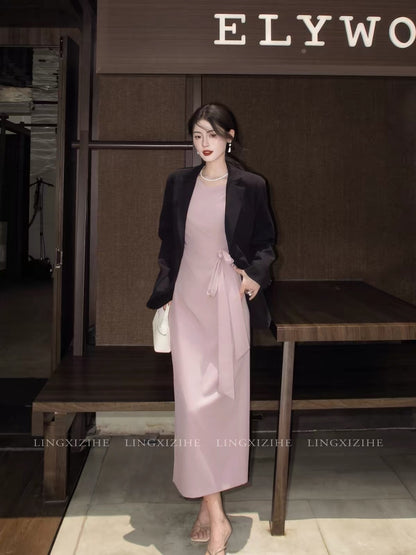 Ling Qian Zi He / Yu Zi Ting Rou — Women's French-style purple camisole dress; a sophisticated, slim-fit maxi dress with a tie-waist detail, perfect for summer.