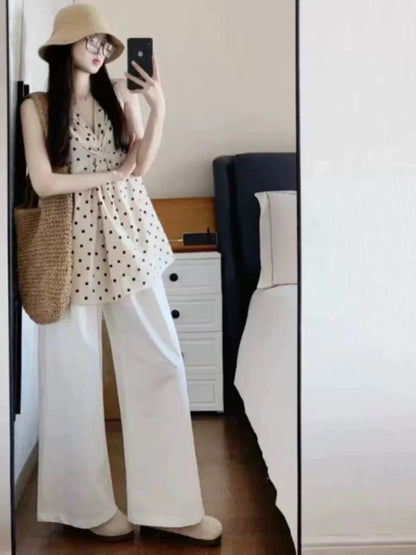 Salt style fried street design niche polka dot V-neck top sleeveless camisole casual trousers two-piece suit for women summer
