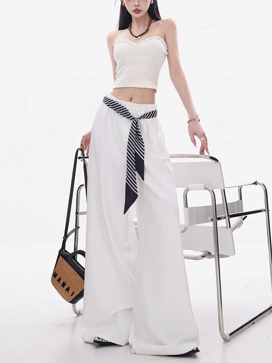 ABWEAR Seit Art - Original White High-End Casual Pants for Women, Spring/Summer 2026, Straight Leg, Loose Fit, Wide Leg