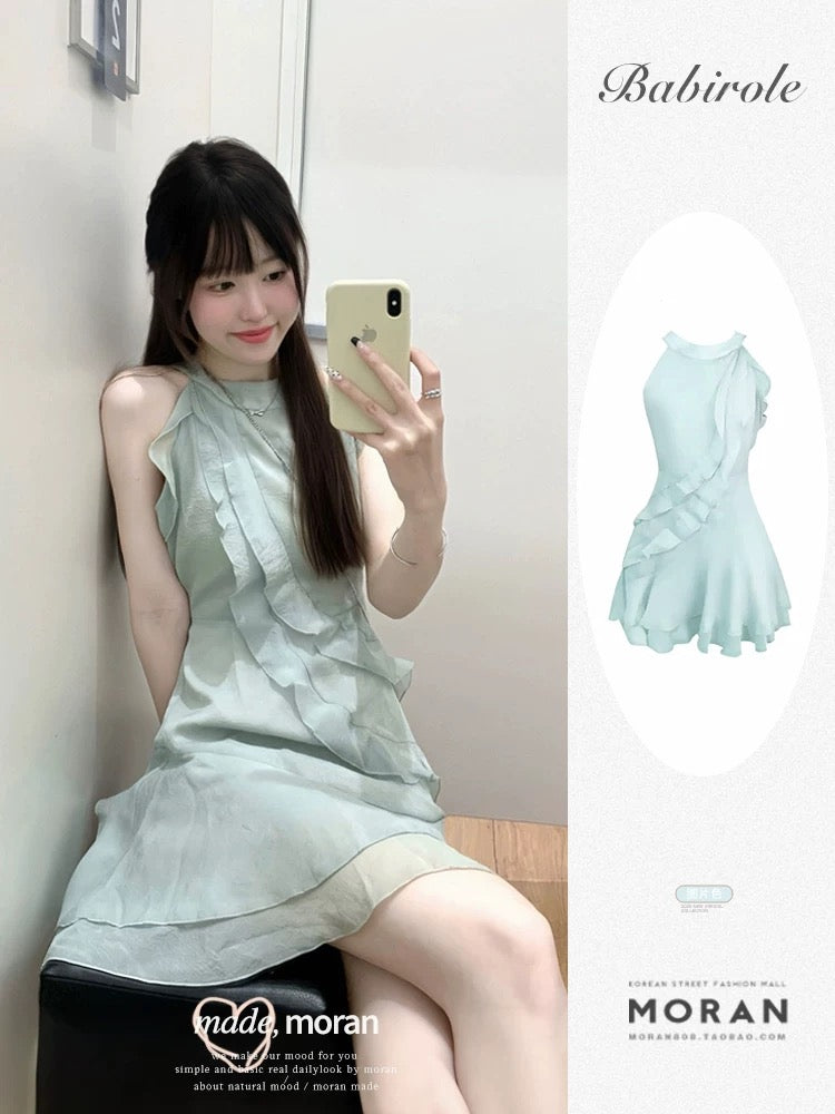 French Tea Break Pure Lust Atmosphere Dress Temperament Cut Shoulder Halter Neck Ruffled Beautiful Fishtail Skirt Short Women’s Summer