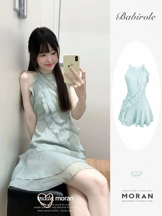 French Tea Break Pure Lust Atmosphere Dress Temperament Cut Shoulder Halter Neck Ruffled Beautiful Fishtail Skirt Short Women’s Summer