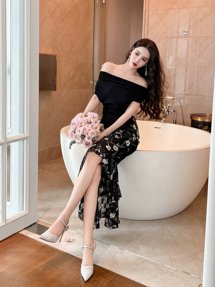 European station 2025 new high-end exquisite one-shoulder black dress slim royal sister floral splicing fishtail skirt
