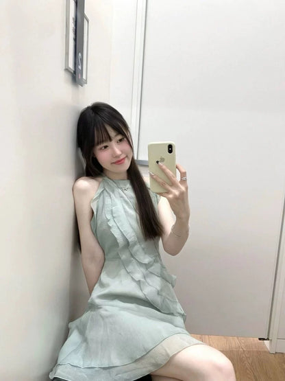 French Tea Break Pure Lust Atmosphere Dress Temperament Cut Shoulder Halter Neck Ruffled Beautiful Fishtail Skirt Short Women’s Summer