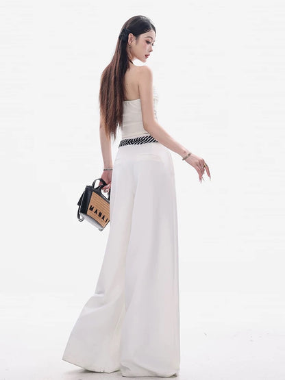 ABWEAR Seit Art - Original White High-End Casual Pants for Women, Spring/Summer 2026, Straight Leg, Loose Fit, Wide Leg