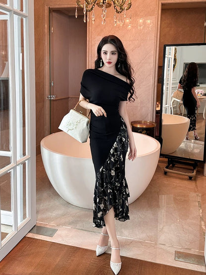 European station 2025 new high-end exquisite one-shoulder black dress slim royal sister floral splicing fishtail skirt