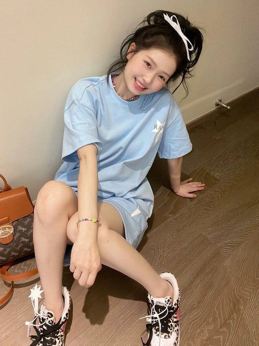 American lazy style sportswear suit for women 2024 new summer pure cotton short-sleeved shorts student running two-piece set