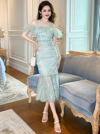 European style ruffle dress for women summer new 2025 gentle style French temperament slim hip fishtail skirt