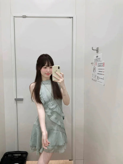 French Tea Break Pure Lust Atmosphere Dress Temperament Cut Shoulder Halter Neck Ruffled Beautiful Fishtail Skirt Short Women’s Summer